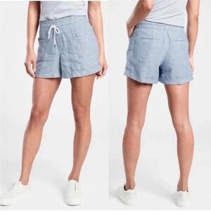Athleta Cabo 100% Linen 4" Shorts Women Sz 12 Blue‎ Chambray Pull On Coastal